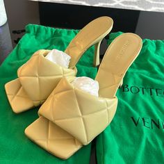 100% Authentic, 100% Brand New Bottega Veneta 90mm Lido Bv Sandal Slide Heel In A Light Yellow Color. Size 40 4” Heel Made In Italy Leather Upper & Lining-Leather And Rubber Sole. Comes In Nordstrom Standard Box With Two Green Dust Covers Designer Yellow Sandals With Ankle Strap, Designer Yellow High Heel Sandals, Designer Yellow Sandals With Heel Strap, Designer Open Toe Mules With Reinforced Heel, Designer Yellow Sandals With Open Heel, Designer Yellow Open Heel Sandals, Designer Yellow Open Heel Heels, Luxury Yellow Sandals With Heel Strap, Luxury Yellow Open Toe Sandals