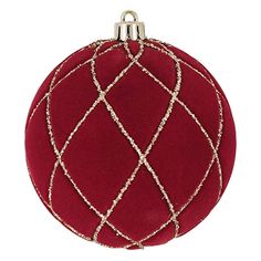 a red ornament hanging from a chain on a white background in the shape of a ball