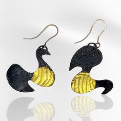 Gold & Steel Earrings - These eye-catching steel earrings feature a pop of 24k gold applied using the ancient Korean technique of Keum-Boo. The etched earrings are patinated a deep black, highlighting the glow of the gold. Extremely light weight. Contemporary Earrings With Oxidized Finish, Contemporary Earrings With Oxidized Finish As Gift, Contemporary Oxidized Finish Earrings For Gift, Contemporary Oxidized Finish Earrings, Modern Gold Earrings With Black Enamel, Contemporary Black Jewelry With Oxidized Finish, Black Hand Forged Brass Earrings, Hand Forged Black Brass Earrings, Hand Forged Black Earrings For A Gift