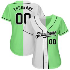 Custom Pea Green Black-White Authentic Split Fashion Baseball Jersey White Jersey With Baseball Collar For Sports Events, White Baseball Jersey With Team Name For Game Day, College Team Spirit White Baseball Jersey, White Team Spirit Baseball Jersey For Sports Events, White College Baseball Jersey With Team Logo, Game Day White Baseball Jersey With Team Name, White Baseball Jersey With Team Logo For College, White Baseball Jersey With Team Name, White College Baseball Jersey