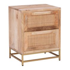 a wooden cabinet with two drawers on one side and rattan doors on the other