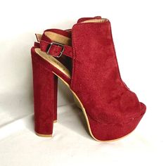 Cathy Jean Sling Back Platform Chunky Heels Color: Red/Burgundy Size: 5.5 New With Box Burgundy Closed Toe Platform Heels, Red Ankle Strap Heels For Fall, Red Open Toe Heels For Fall, Red High Heels With Buckle Closure, Burgundy Heels With Red Sole, Burgundy High Heels With Red Sole, Burgundy Open Heel Shoes With Strap, Fall Season Red Open Toe Heels, Red Block Heel Slingback Pumps For Party