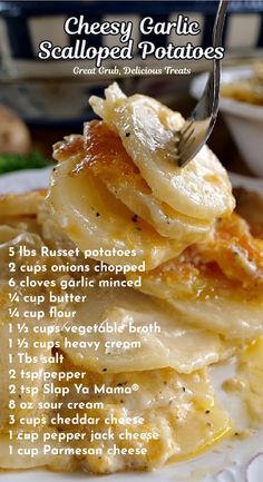 a close up of food on a plate with a fork and description in the background