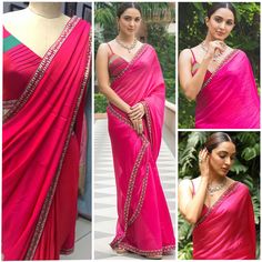 Hello, this is a royal satin saree with hand embroidered border all around it. it comes with the blouse which has a back lace up tie option. you can feel free to reach out to me anytime for any queries if you need to change the blouse designs or add on the sleeves and anything you wish. I would love to customise it to as per your needs. Please share it on etsy messages.  We request customers to dry clean the saree before wearing it to the main events. Item details-:  Designer royal Silk Saree Wi Traditional Pre-draped Satin Saree With Cutdana, Bollywood Style Pre-draped Saree With Border, Traditional Satin Pre-draped Saree, Elegant Pink Pre-draped Saree With Embroidered Border, Embroidered Satin Saree, Kiara Advani Saree, Hot Pink Saree, Satin Silk Saree, Indian Outfits Lehenga