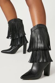 Fringe Block Heel Boots Chic Fringe Boots For Party, Leather Pointed Toe Boots With Fringe, Party Boots With Fringe And Pointed Toe, Pointed Toe Party Boots With Fringe, Party Mid-calf Boots With Block Heel In Faux Leather, Chic Fringe Boots For Winter, Fall Party Mid-calf Boots With Stacked Heel, Trendy Boots With Tassels For Fall, Trendy Party Boots With Fringe