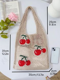 BirdinBag - Stylish Cherry Pattern Crochet Beach Tote - Womens Summer Bag for the Beach Bag For The Beach, Inch Bag, Cherry Pattern, Details Pictures, Summer Bag, Word Wrap, Crochet Bags, Beach Tote, Pattern Crochet