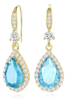 PRICES MAY VARY. earrings size：1.57"*0.41"| plating: platinum Plated | yellow gold Plated | rose gold Plated High Quality Material:This Women's Jewellery is made of high-quality copper and Gold Plated ,Main stone is Aquamarine cubic zirconia ,Side stone is White cubic zirconia. High Polished. Nickel-free, Hypoallergenic and Shiny Forever. Will not change the color, health and environmental protection. Unique pear-shaped earring Set : these dangling tear drop earrings are fashion and elegant. The Wedding Costume, Diamond Dangle Earrings, Buying Diamonds, Tear Drop, Environmental Protection, Real Diamonds, Hook Earrings, Teardrop Earrings, Gift For Women