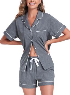 PRICES MAY VARY. ♥ MATERIALS - Womens pajama sets made of 100% Cotton. Lightweight, cozy, and classy, form-fitting, breathable,The soft material keeps you comfortable, making this lounge set ideal for slipping into after a hard day. ♥ DESIGN - The pajamas for women shorts set is designing of classic contrasting piping. Top features a notched collar, left chest pocket and the pajama shirt's button-down design will be very helpful for surgery. The pajama sets for women shorts have an elastic adjus Cozy Sleepwear With Pockets For Pajama Party, Cotton Sleepwear With Button Closure, Cotton Sleepwear With Buttons For Pajama Party, Cotton Buttoned Sleepwear For Pajama Party, Cotton Button-up Sleepwear For Lounging, Relaxed Fit Sleepwear With Buttons, Relaxed Fit Sleepwear With Buttons For Loungewear, Cotton Button-up Sleepwear For Pajama Party, Button-up Cotton Sleepwear For Pajama Party