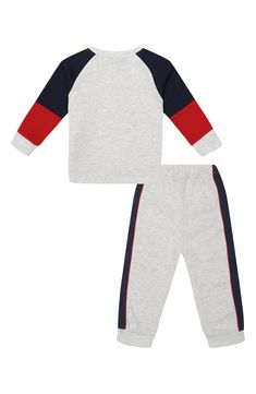 Your baby will look sporty in this cozy outfit that pairs a colorblocked branded cotton-blend pullover with matching joggers. Includes pullover and joggers 60% cotton, 40% polyester Machine wash, tumble dry Imported Crew Neck Color Block Cotton Sets, Color Block Cotton Crew Neck Sets, Cotton Color Block Crew Neck Sets, Cotton Color Block Sets With Crew Neck, Casual Cotton Sweats For Playwear, Casual Long Sleeve Activewear For Play, Gray Long Sleeve Cotton Activewear, Sporty Fleece Long Sleeve Sets, Sporty Fleece Sets With Long Sleeves