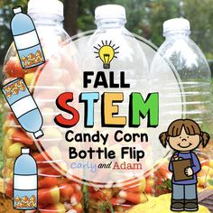 Integrate STEM in your classroom this Fall! Make learning fun with this fall STEM challenge in which students test different bottles with candy corn to see which one is best for bottle flipping! This activity is fun for fall and Halloween! Perfect project for a Halloween party or fall party, and an ... Fall Stem Challenges, Halloween Science Activities, Fall Stem Activities, Simple Stem Activities, Thanksgiving Stem, Elementary Stem Activities, Fall Science, Halloween Stem, Bottle Flip