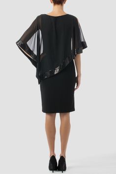 Joseph Ribkoff dress style 171950 - Black | 1ère Avenue Chiffon Cape, Sequin Sheath Dress, Joseph Ribkoff Dresses, Black Evening Dresses, Cape Dress, Joseph Ribkoff, Sleeveless Sheath Dress, Sheer Chiffon, Jumpsuit Fashion