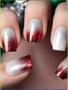 % Dipped Nail Art Designs, Christmas Red Ombre Nails, Ombre Nails For Christmas, Nail Ideas For Christmas And New Years, Red And White Nails Glitter, Christmas Dipping Powder Nails, Red And White Ombre Nails Acrylic, Christmas Red Gel Nails, Shorter Christmas Nails