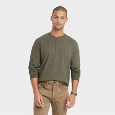 Men's Long Sleeve Henley Shirt - Goodfellow & Co™ Forest Green L : Target Creek Session, Mens Green Shirt, Cozy Wardrobe, Henley Shirt, Hem Style, Mens Green, Pullover Designs, Green Shirt, Henley Shirts