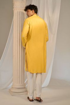 Yellow kurta with floral embroidered placket, cuff and scattered buttis. Comes with contrasting pyjama pant. - Aza Fashions Handloom Kurta, Mithila Palkar, Yellow Kurta, Dia Mirza, Adah Sharma, Kurta Set For Men, Diana Penty, Shilpa Shetty, Sara Ali Khan