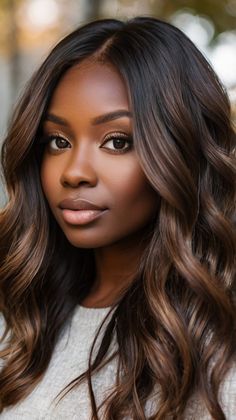 Deep Mocha Lob for Fall Hair Colors Dark Skin Brown 🍂 Hair Colors For Dark Skin, Fall Hair Colors Dark, Espresso Hair, Hair Colors Dark, Black Women Hair Color, Feathered Layers, Dark Fall Hair Colors, Cherry Hair Colors, Hair Color For Dark Skin