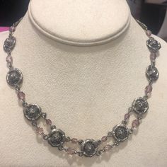 This Is An Original Robert Rose Necklace From The Early 90s And It Is Still New With Tags. It Has Been Packed Away From My Mom’s Original Boutique. It’s Perfect For Anytime. A Must Have For Valentine’s Day. Antiqued Silver Finish And Pale Pink Crystals. Can Be Worn As A Choker Or A 16” Necklace (2) Vint Bx C Elegant Silver Necklace With Rose Design, Silver Metal Jewelry With Rose Design, Silver Metal Necklace With Rose Design, Silver Rose Design Metal Necklace, Silver Necklace With Rose Design, Silver Rose Design Necklace, Silver Rose Design Jewelry For Formal Occasions, Adjustable Silver Jewelry With Rose Details, Vintage Silver Jewelry With Roses