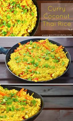 two pictures show how to make curry coconut thai rice with carrots and green onions