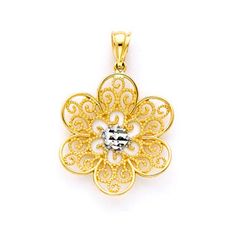 "14K Two-tone solid gold Filigree Flower Charm with rhodium diamond cut accents. Measures 1 1/8\"x3/4\" Also available are the matching earrings, and ring. A wonderful set for that wonderful someone. Made to order. Free shipping." Exquisite Flower Shaped Jewelry With Diamond Accents, Exquisite Flower-shaped Jewelry With Diamond Accents, Formal Pierced Flower-shaped Jewelry, Formal Pierced Flower Shaped Jewelry, Formal Yellow Gold Flower-shaped Jewelry, Formal Flower-shaped Pierced Jewelry, Gold Hallmarked Flower-shaped Jewelry, Ornate Gold Earrings With Diamond Accents, Elegant Yellow Gold Flower Shaped Jewelry