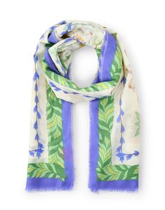 This Franco Ferrari scarf incorporates playful pops of color into a tonal tropically-inspired motif, making it oh-so-easy to complement your favorite tops. It's spun from super-soft cotton and silk and is finished with a fringe trim for a contemporary feel. Our stylist recommends layering it with chic separates for an elevated transitional look. Silk Scarves For Spring Casual Wear, Casual Silk Scarves For Spring, Chic Scarves For Spring Vacation, Chic Spring Vacation Scarves, Spring Green Cotton Scarves, Green Cotton Scarves For Spring, Summer Cotton Scarf With Floral Print, Skirt And Top Dress, Work Accessories