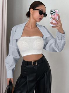 Women's Solid Color Street Style Cropped Casual Long Sleeve Shirt Grey Casual  Long Sleeve Cotton Plain Shirt Non-Stretch Summer Women Clothing, size features are:Bust: ,Length: ,Sleeve Length: Fitted Long Sleeve Cropped Shirt For Day Out, Trendy Long Sleeve Cropped Shirt For Day Out, Fitted Collar Top For Day Out, Casual Long Sleeve Shirts, Plain Shirt, Plain Shirts, Color Street, Fit Inspo, Kids Beachwear