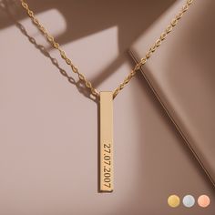 The centerpiece of this necklace is the elegant bar design, customizable with any significant date, whether it's a wedding date, a birthday, or the day you met your best friend. This personalized bar necklace becomes a timeless memento that captures the essence of those cherished moments. The Timeless Memories necklace is more than a piece of jewelry; it's a thoughtful and sentimental gift idea. Whether you're commemorating a wedding, surprising your best friend, or searching for a unique Christmas gift for 2023, this necklace is a perfect choice. Specifications: Necklace size: 56 cm  Pendant size: 5x40mm  Material: stainless steel Shipping: Europe: 1-6 business days USA: 3-6 business days UK: 2-4 business days This is a personalized item, and it will be ready to ship within 2-4 business d Elegant Bar Design, Date Necklace, Elegant Bar, Necklace Bar, Bff Gift, Bar Necklace Personalized, Memorial Necklace, Nana Gifts, Necklace Wedding