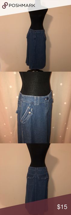 Kim Rogers Jean Skirt Med denim skirt. Pockets in front and back. Kim Rogers Skirts Midi Fitted 90s Skirt With Pockets, 90s Fitted Skirt With Pockets, 90s Style Fitted Skirt With Pockets, Fitted 90s Denim Skirt With Pockets, 90s Fitted Denim Skirt With Pockets, 90s Denim Skirt With Pockets For Spring, 90s Denim Skirt With Pockets, 90s High Waist Denim Skirt, Retro Dark Wash Skirt With Pockets