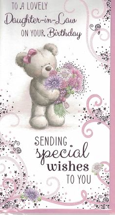 a greeting card with a teddy bear holding flowers