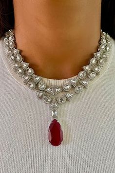 Silver toned layered necklace embellished with white diamonds, teardrop shaped red ruby stobe. Comes with a pair of matching earrings. - Aza Fashions Jewellery Sets, Red Diamond, Red Ruby, Layered Necklace, White Diamonds, Aza Fashion, Matching Earrings, Layered Necklaces, Diamond White