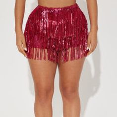 New Never Worn Fashion Nova Hit The Lights Sequin Fringe Short - Hot Pink Size Small 95% Polyester 5% Spandex Elastic Waistband, High Rise, Fringe Detail Fringe Two Piece, Pink Sequin Shorts, Fashion Nova Shorts, Festival Outfits Rave, Outfits Rave, Short Fringe, Sequin Shorts, Pink Sequin, Festival Outfits