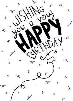 a black and white happy birthday card with confetti