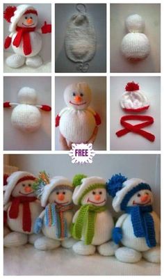 there are many knitted snowmen with hats and scarves on the same item