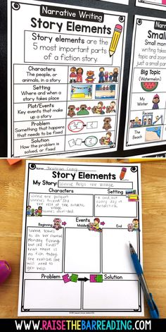 the story elements worksheet is shown in two separate sections, with text and pictures on