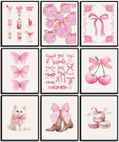 a series of nine pictures with pink bows, hearts, and other items in them