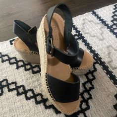 Brand New, Never Worn Casual Black Wedge Sandals With Buckle, Casual Black Wedge Sandals With Buckle Closure, Chic Leather Espadrilles With Buckle Closure, Black Wedge Sandals With Removable Insole In Espadrille, Everyday Casual Closed Toe Wedge Sandals, Black Ankle Strap Sandals For Everyday, Black Espadrille Sandals With Removable Insole, Black Espadrille Sandals With Cushioned Footbed, Everyday Platform Sandals With Round Toe