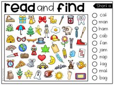 a printable worksheet with words and pictures to help students learn how to read