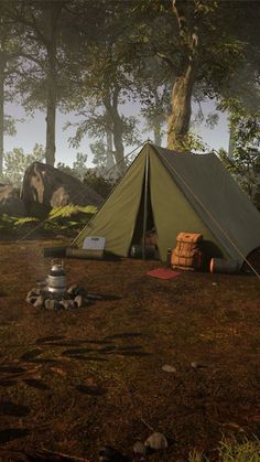 a tent pitched up in the middle of a forest with rocks and trees around it