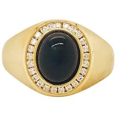 Black Onyx and Diamond Men's Ring 14 Karat Gold Satin Finish, Man's Oval Ring | From a unique collection of vintage Dome Rings at https://www.1stdibs.com/jewelry/rings/dome-rings/. Diamond Signet Ring, Signet Rings, Gold Satin, Men Ring, Oval Ring, Oval Rings, Star Jewelry, Domed Ring, Men's Ring