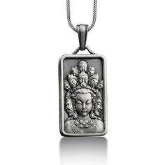 Guan Yin 925 Silver Engraved Necklace, Sterling Silver Buddhist Necklace, Goddess of Mercy Personalized Necklace, Kuan Yin, Memorial Gift These 925K Sterling Silver Guan Yin Goddess of Mercy Necklace photos are taken with original and every item has handmade engraving details. It's very elegant and classy for everyday use and gives stylish look to your outfits. Also, can be preferred as a gift for friends and family for an eternal memorial. Dream collection has many meanings behind its backgroun Silver Engraved Necklace For Meditation, Silver Necklace With Coin Pendant For Meditation, Silver Carved Necklaces, Spiritual Engraved Necklaces With Rectangular Pendant, Spiritual Etched Rectangular Pendant Necklace, Etched Rectangular Pendant Spiritual Necklace, Silver Carved Rectangular Jewelry, Silver Rectangular Carved Jewelry, Carved Silver Rectangular Jewelry