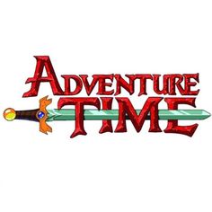 the logo for adventure time is shown in red and green letters on a white background