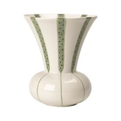 a white vase with green trimmings on the bottom and sides, sitting in front of a white background