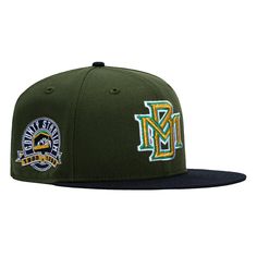 a green and black baseball cap with the m on it's front, embroidered in gold