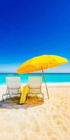 two chairs and an umbrella on the beach