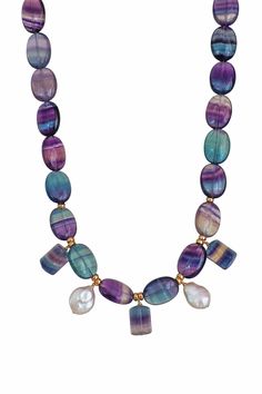 Smooth fluorite gemstones with beautiful freshwater pearls and 14k gold filled accents. Measurement: 17" + 2" inch extender Kei Jewelry, Unique Gemstones, Plated Jewelry, Style Gift, Layered Look, Gold Plated Jewelry, Puerto Rico, Gold Chains, Sofia