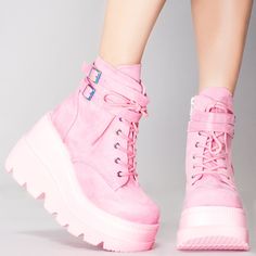 You’re A Brat And You Know It With The Sucker Punch Platform Boots From Demonia. These Cute Festival Boots Feature An All Pink Vegan Suede Upper, Lace-Up Front, Holograph Hardware, Strap And Buckle Details At The Ankle, And Interior Zipper Closure. Throw On These Cute Boots And Let Them Know As Long As You Get What You Want No One Gets Hurt! Sucker Punch Platform Boots 4 1/2" Wedge Platform Microfiber Suede Leather Goth Punk Gogo Knee Boot Double Buckled Ankle Straps Back Zipper Closure Pink Platform Boots Pink, Chunky Shoes Reference, Pink Goth Shoes, Casual Pink Lace-up Heels, Spring Platform Boots With Laces And Round Toe, Spring Platform Boots With Round Toe And Laces, Lace-up Heels For Streetwear, Spring High-top Platform Boots, High-top Platform Boots For Spring