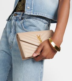 Cassandre leather wallet on chain in beige - Saint Laurent | Mytheresa Luxury Beige Envelope Clutch, Luxury Beige Wallet On Chain, Saint Laurent Wallet, Leather Billfold, Envelope Wallet, Billfold Wallet, Wallet On Chain, Dark Beige, Wallet Chain