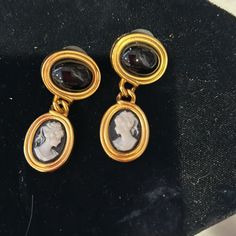 These Are Beautiful Cameo Earrings From A Collection We Carried In The 1980s. They May Be Over 40 Years Old But They Are Brand New.Please Note That This Pair Is Thoughtfully Made With The Cameos Each Facing A Different Direction. This Is The Way They Should Be Made. 1.5” L Matte Gold Finish Surgical Steel Pierced Posts Vint. Gray Bag Box Black Vintage Clip-on Earrings, Vintage Clip-on Earrings For Evening, Cameo Earrings, Grey Bag, The 1980s, Matte Gold, 40 Years, Over 40, Gold Finish