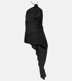 the back of a black dress hanging from a hook on a clothes rack with an attached tie