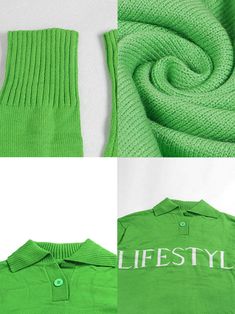 Material:90-95% Polyester & Spandex. Features:Long sleeves. ribbed knit. button. letter print. loose sweater.Style: Casual Oversized Knit Tops With Letter Print, Trendy Knit Polo Sweater With Ribbed Collar, Trendy Knit Polo Sweater, Trendy Ribbed Knit Polo Sweater, Trendy Green Sweater With Ribbed Collar, Trendy Knit Polo Sweater With Ribbed Cuffs, Stretch Winter Sweater With Letter Print, Winter Letter Print Stretch Sweater, Spring Knit Tops With Letter Print