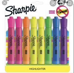 sharpie highlighters are lined up in a row with the words sharpie on them