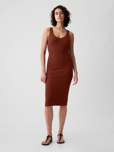 Saw this on Gap: Brown Ribbed V-neck Dress, Fitted Ribbed Sleeveless Midi Dress, Casual Fitted V-neck Midi Dress, Ribbed Bodycon Sleeveless Dress For Spring, Summer Ribbed Midi Dress, Sleeveless Ribbed Bodycon Dress For Date Night, Sleeveless Ribbed Dresses For Date Night, Spring Bodycon Longline Dress, Ribbed Midi Dress For Spring Date Night